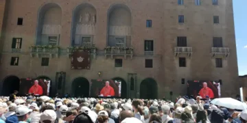 Pilgrims gather at Montserrat Abbey and follow the Holy Rosary on giant screens during Pope Leo XIV’s visit on June 10, 2026.