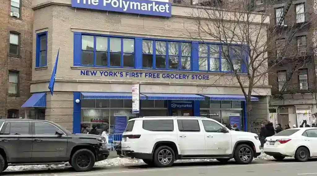 The Polymarket free grocery store pop-up in New York City, photographed on February 15, 2026.