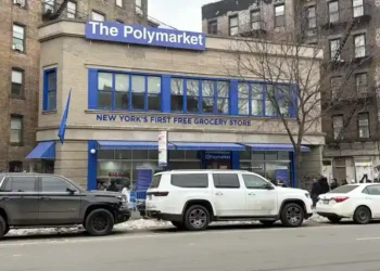 The Polymarket free grocery store pop-up in New York City, photographed on February 15, 2026.