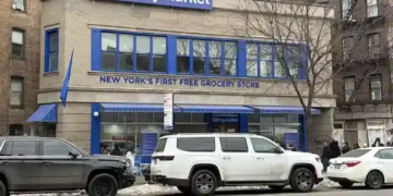 The Polymarket free grocery store pop-up in New York City, photographed on February 15, 2026.