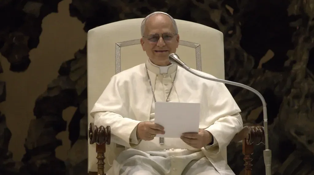 Pope Leo XIV during an audience with members of the media on May 12, 2025.
