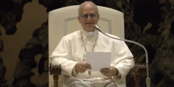 Pope Leo XIV during an audience with members of the media on May 12, 2025.