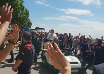 Pope Leo XIV greets pilgrims from an open popemobile during his visit to Montserrat Abbey in Catalonia on June 10, 2026.