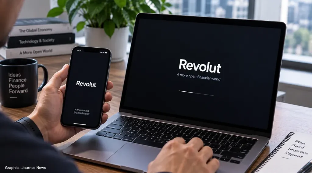 Revolut financial app displayed on a smartphone and laptop during digital finance use at a desk