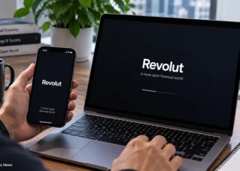 Revolut financial app displayed on a smartphone and laptop during digital finance use at a desk