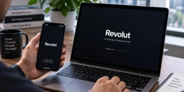 Revolut financial app displayed on a smartphone and laptop during digital finance use at a desk