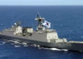 ROKS Munmu the Great, a South Korean naval ship, sails in formation during RIMPAC 2006 in the Pacific Ocean off Hawaii.