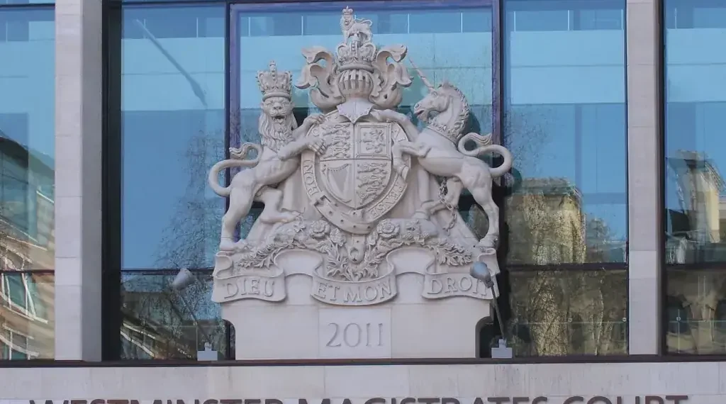 Royal coat of arms displayed at Westminster Magistrates' Court in the City of Westminster, London, photographed on March 11, 2012.
