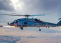 MH-60R Seahawk helicopter assigned to Royal Saudi Naval Forces fires an AGM-114 Hellfire missile near Jubail Naval Air Base, Saudi Arabia.
