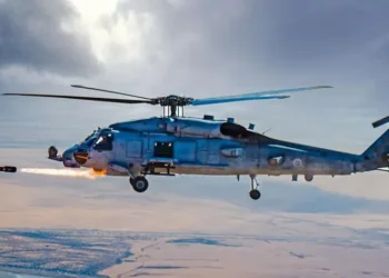 MH-60R Seahawk helicopter assigned to Royal Saudi Naval Forces fires an AGM-114 Hellfire missile near Jubail Naval Air Base, Saudi Arabia.