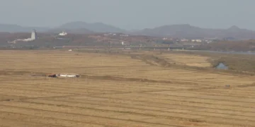 Friendship rail bridge linking Russia and North Korea across the border near the Tumen River.