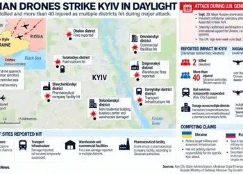 Map showing Russian drone strikes across Kyiv, reported damage to infrastructure, casualties, and competing Ukrainian and Russian claims.