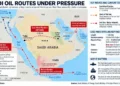 Map showing Saudi Arabia’s oil routes, East-West pipeline shutdown, Strait of Hormuz disruption, and elevated Red Sea security risks.