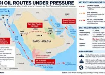 Map showing Saudi Arabia’s oil routes, East-West pipeline shutdown, Strait of Hormuz disruption, and elevated Red Sea security risks.