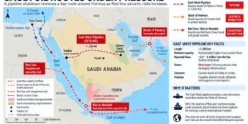 Map showing Saudi Arabia’s oil routes, East-West pipeline shutdown, Strait of Hormuz disruption, and elevated Red Sea security risks.