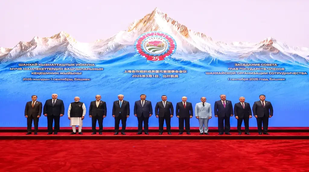 Political leaders pose for a group photograph at the 26th Shanghai Cooperation Organization summit in Bishkek, Kyrgyzstan.