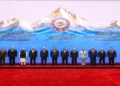 Political leaders pose for a group photograph at the 26th Shanghai Cooperation Organization summit in Bishkek, Kyrgyzstan.