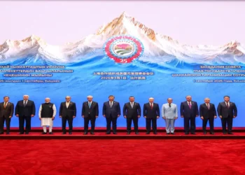 Political leaders pose for a group photograph at the 26th Shanghai Cooperation Organization summit in Bishkek, Kyrgyzstan.