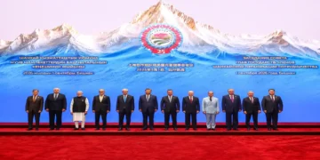 Political leaders pose for a group photograph at the 26th Shanghai Cooperation Organization summit in Bishkek, Kyrgyzstan.