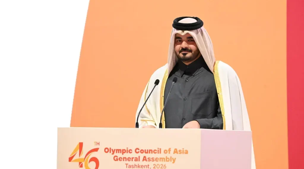 Sheikh Joaan bin Hamad Al Thani photographed during an official event in January 2026, in an image published by Uzbekistan’s Olympic Committee.