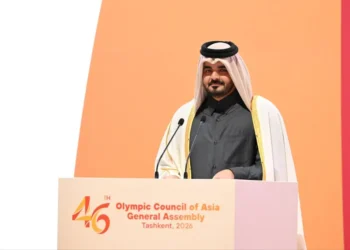 Sheikh Joaan bin Hamad Al Thani photographed during an official event in January 2026, in an image published by Uzbekistan’s Olympic Committee.