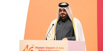 Sheikh Joaan bin Hamad Al Thani photographed during an official event in January 2026, in an image published by Uzbekistan’s Olympic Committee.