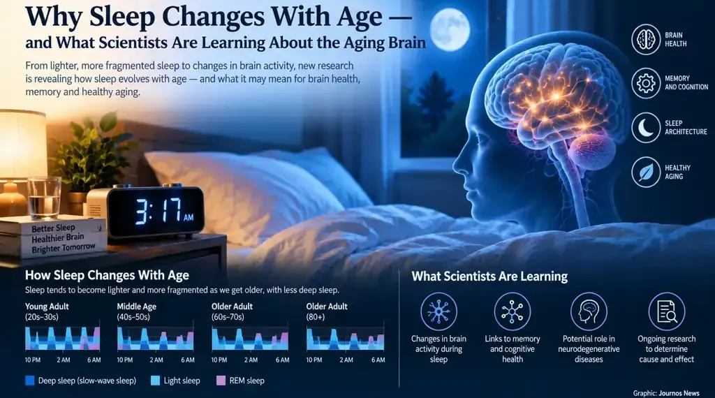 Illustration showing sleep changes with age alongside brain activity, sleep stages, memory, cognition, and healthy aging research.