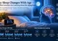 Illustration showing sleep changes with age alongside brain activity, sleep stages, memory, cognition, and healthy aging research.