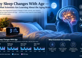 Illustration showing sleep changes with age alongside brain activity, sleep stages, memory, cognition, and healthy aging research.