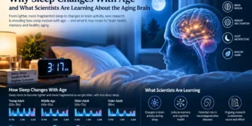 Illustration showing sleep changes with age alongside brain activity, sleep stages, memory, cognition, and healthy aging research.