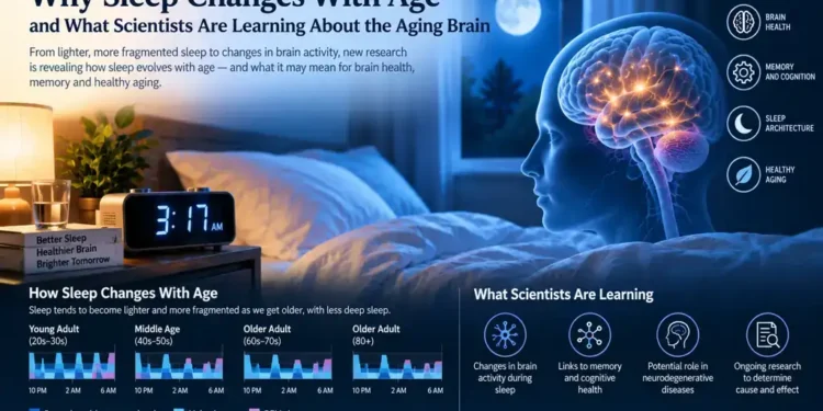Illustration showing sleep changes with age alongside brain activity, sleep stages, memory, cognition, and healthy aging research.