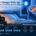 Illustration showing sleep changes with age alongside brain activity, sleep stages, memory, cognition, and healthy aging research.