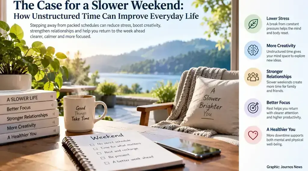 A peaceful weekend setting with a lake view, coffee, notebook, books, and graphic panels highlighting lower stress, creativity, relationships, and focus.