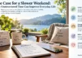 A peaceful weekend setting with a lake view, coffee, notebook, books, and graphic panels highlighting lower stress, creativity, relationships, and focus.