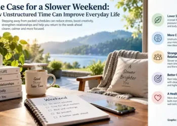 A peaceful weekend setting with a lake view, coffee, notebook, books, and graphic panels highlighting lower stress, creativity, relationships, and focus.