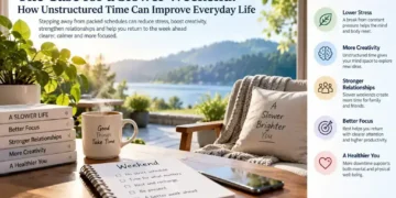 A peaceful weekend setting with a lake view, coffee, notebook, books, and graphic panels highlighting lower stress, creativity, relationships, and focus.