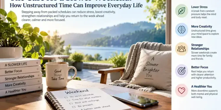 A peaceful weekend setting with a lake view, coffee, notebook, books, and graphic panels highlighting lower stress, creativity, relationships, and focus.