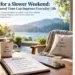A peaceful weekend setting with a lake view, coffee, notebook, books, and graphic panels highlighting lower stress, creativity, relationships, and focus.