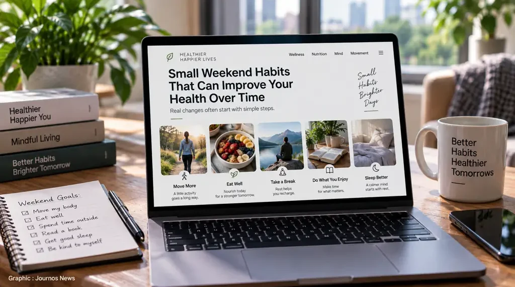 Laptop displays small weekend habits for better health, including movement, healthy eating, outdoor breaks, enjoyable activities and improved sleep.