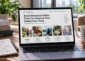 Laptop displays small weekend habits for better health, including movement, healthy eating, outdoor breaks, enjoyable activities and improved sleep.