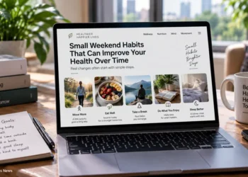 Laptop displays small weekend habits for better health, including movement, healthy eating, outdoor breaks, enjoyable activities and improved sleep.