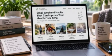 Laptop displays small weekend habits for better health, including movement, healthy eating, outdoor breaks, enjoyable activities and improved sleep.