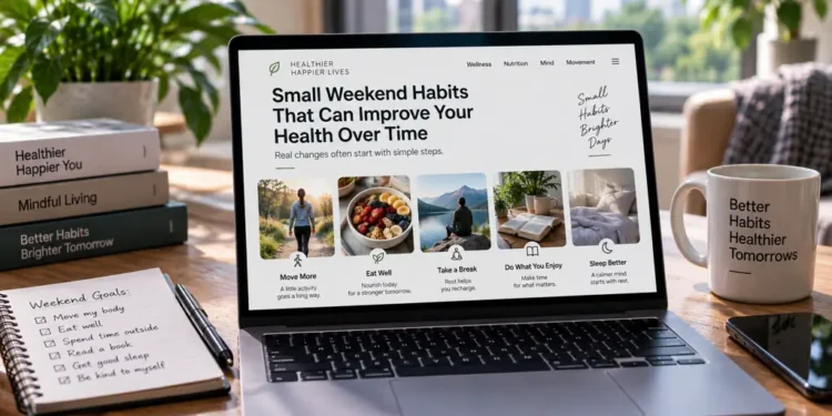 Laptop displays small weekend habits for better health, including movement, healthy eating, outdoor breaks, enjoyable activities and improved sleep.