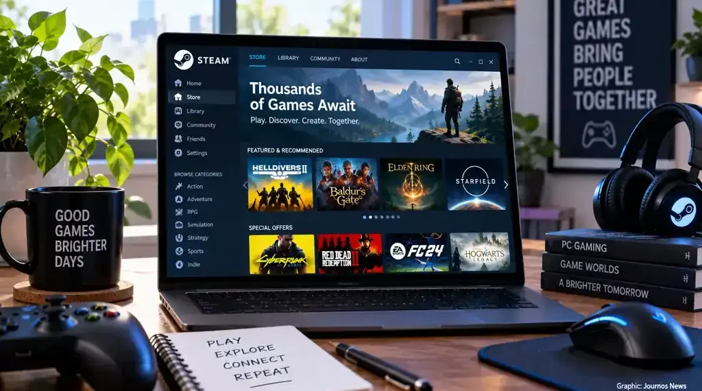 Steam gaming platform displayed on a laptop with game titles, controllers, headphones, and PC gaming accessories on a desk.