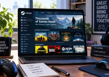 Steam gaming platform displayed on a laptop with game titles, controllers, headphones, and PC gaming accessories on a desk.