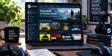 Steam gaming platform displayed on a laptop with game titles, controllers, headphones, and PC gaming accessories on a desk.
