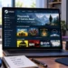 Steam gaming platform displayed on a laptop with game titles, controllers, headphones, and PC gaming accessories on a desk.