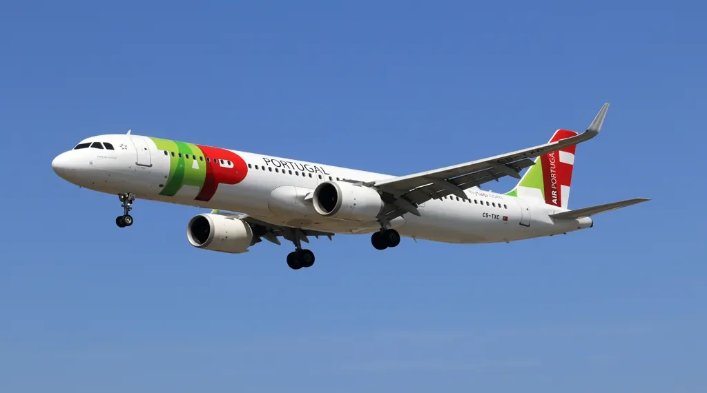 TAP Air Portugal A321neo passenger aircraft landing at Toronto Pearson International Airport after a flight from Lisbon, Canada.