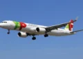 TAP Air Portugal A321neo passenger aircraft landing at Toronto Pearson International Airport after a flight from Lisbon, Canada.