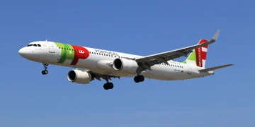 TAP Air Portugal A321neo passenger aircraft landing at Toronto Pearson International Airport after a flight from Lisbon, Canada.